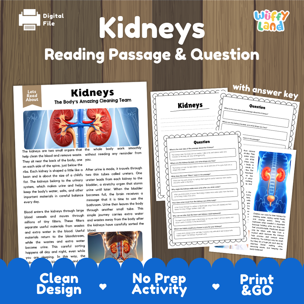 Kidneys reading comprehension passage and questions printable activity pack with answer key for elementary students
