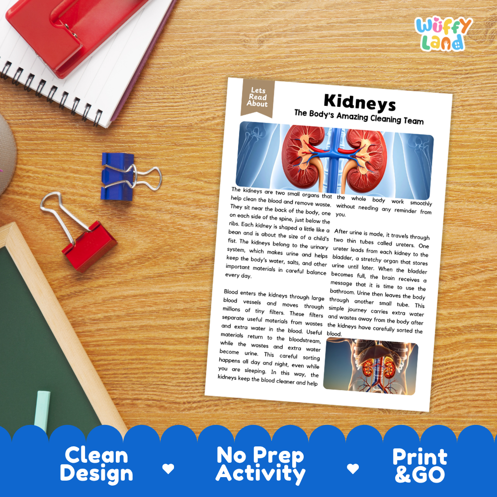 Student reading comprehension worksheet with short-answer questions and lined sections about the human kidneys