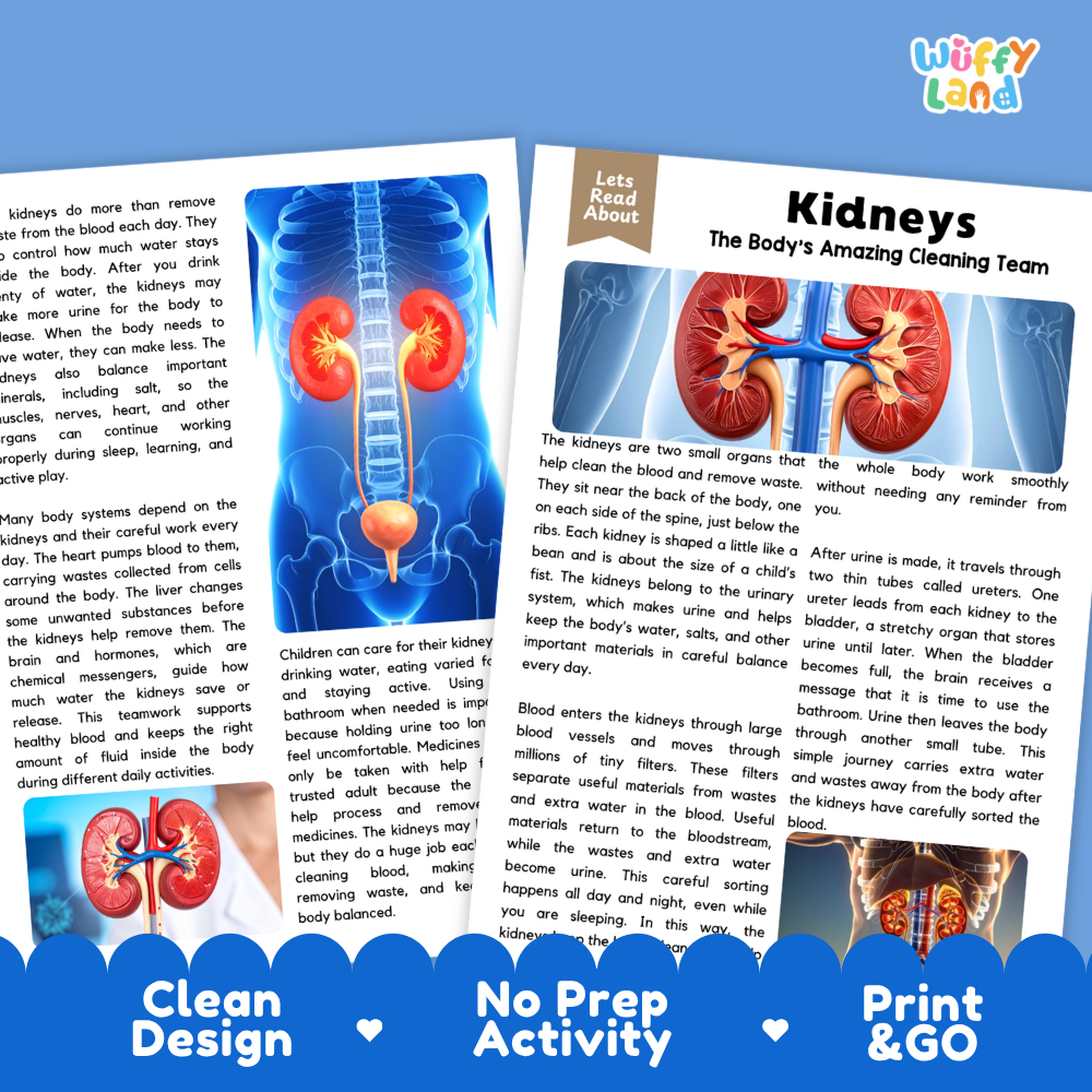 Teacher answer key page showing complete question solutions for Kidneys human body reading comprehension practice
