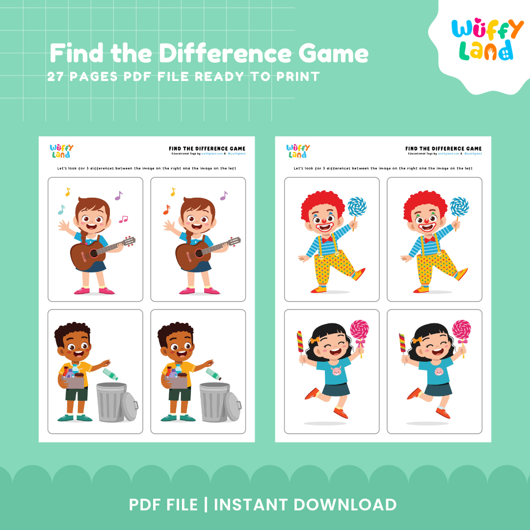 Early learning find the difference cards displaying boy riding scooter with helmet and girl playing with stacking blocks 🛴🧱