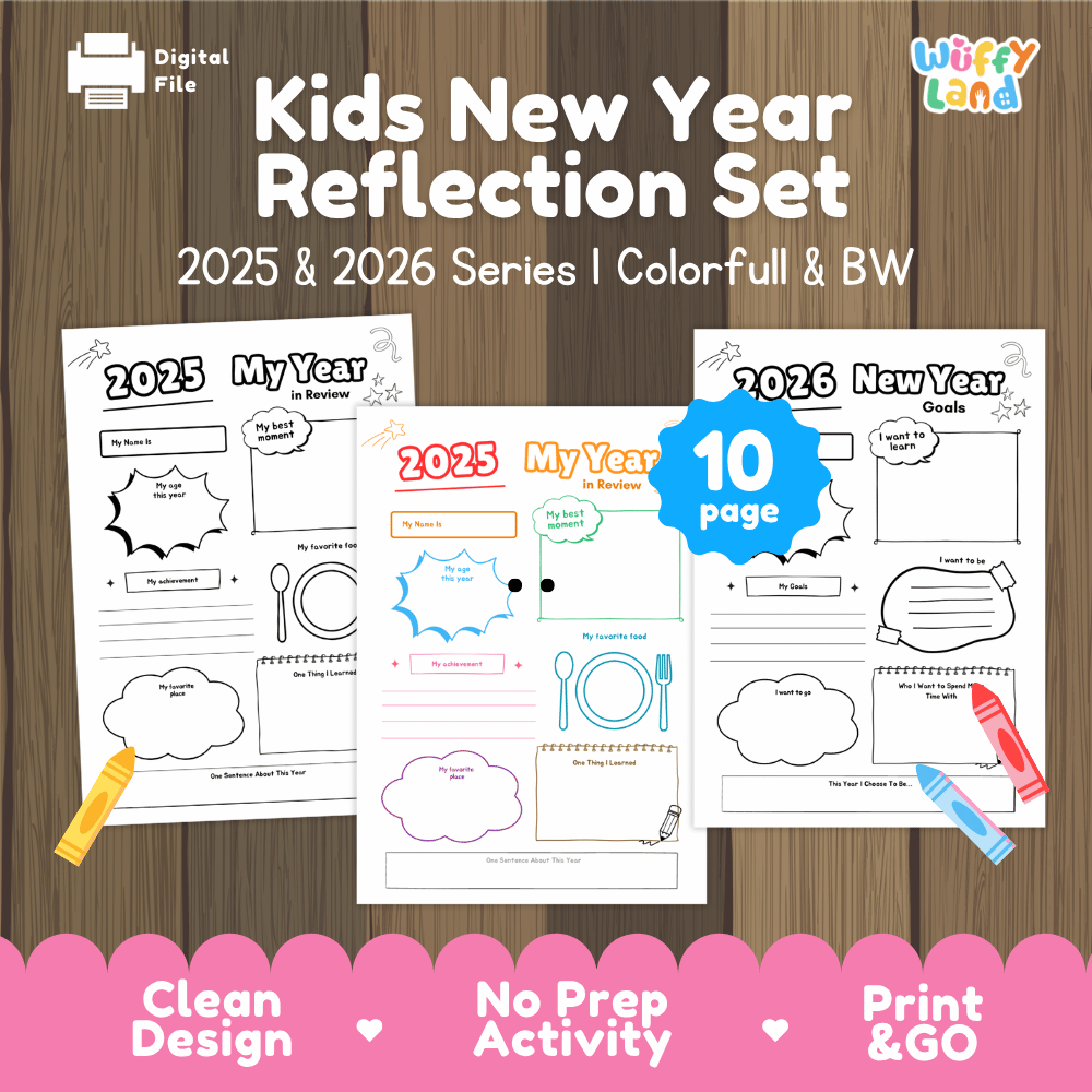 Kids New Year Reflection Set - 2025 and 2026 Goals Worksheets