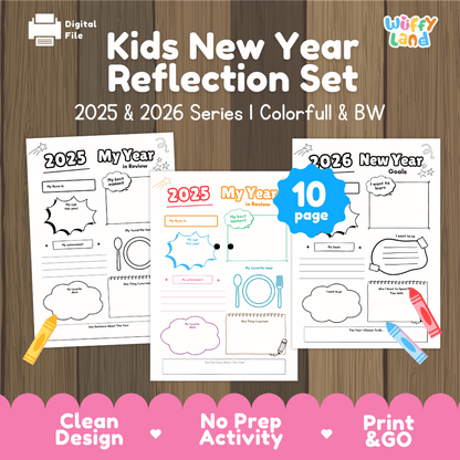 Kids New Year Reflection Set - 2025 and 2026 Goals Worksheets