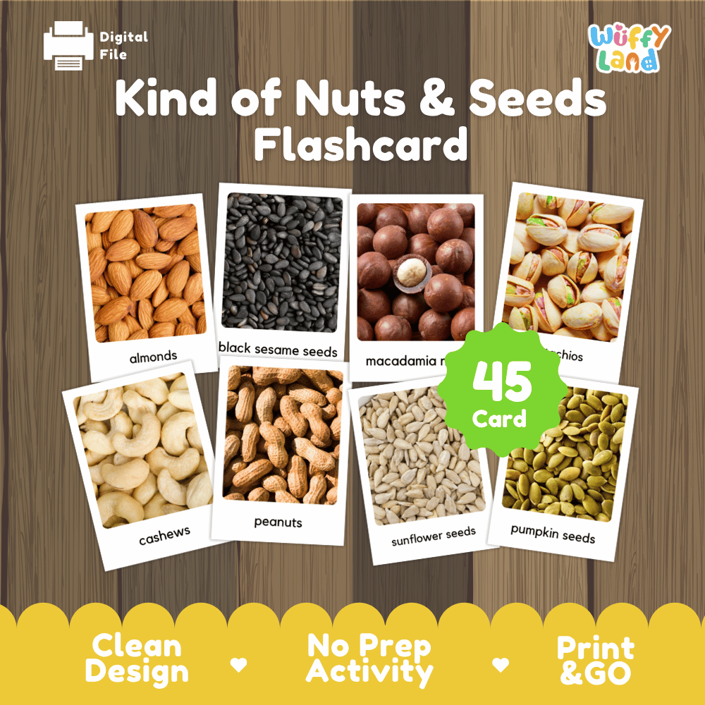 Kind of Nuts & Seeds Flashcard digital product cover on a wood background, showing sample cards for almonds, black sesame seeds, macadamia nuts, pistachios, cashews, peanuts, sunflower seeds, and pumpkin seeds, with a green badge reading 45 Card.