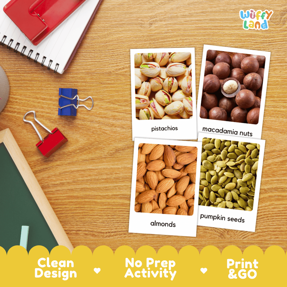 Four snack identification cards showing pistachios, macadamia nuts, almonds, and pumpkin seeds arranged on a wooden desk with school supplies. The Wiffly Land logo appears in the top right, and a yellow banner at the bottom reads 'Clean Design', 'No Prep Activity', and 'Print & GO'.