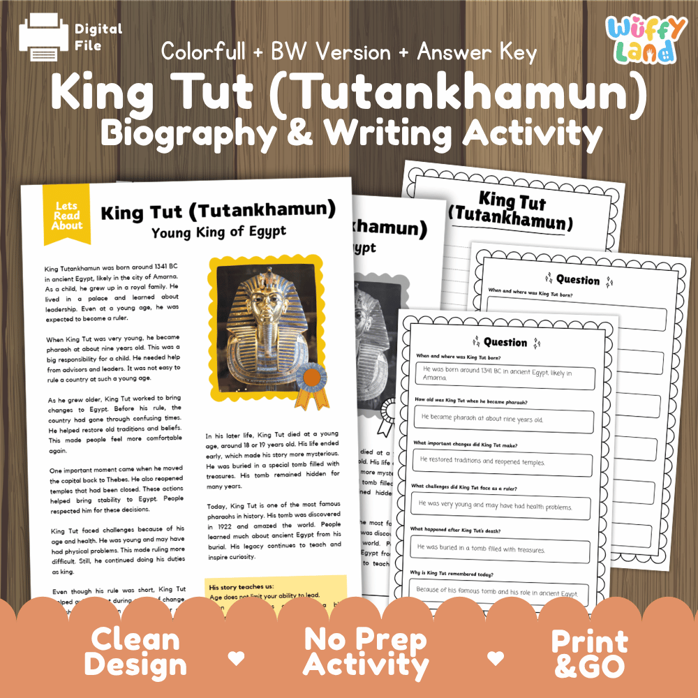 King Tut Tutankhamun biography and writing activity pack cover featuring reading passage sheets, questions, and answer keys