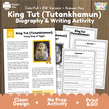 King Tut Tutankhamun biography and writing activity pack cover featuring reading passage sheets, questions, and answer keys