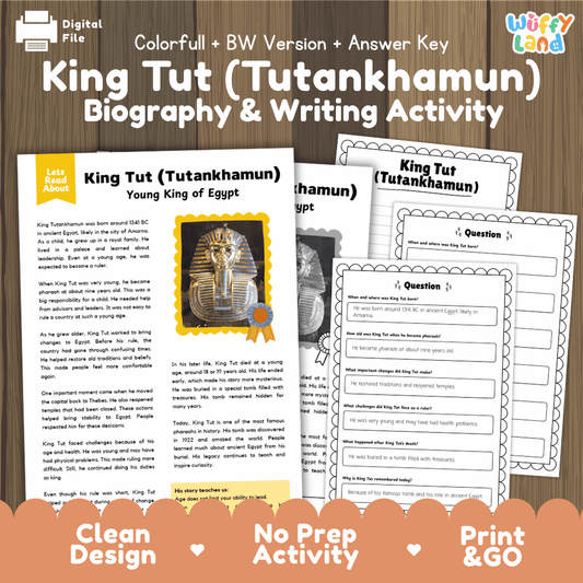 King Tut Tutankhamun biography and writing activity pack cover featuring reading passage sheets, questions, and answer keys