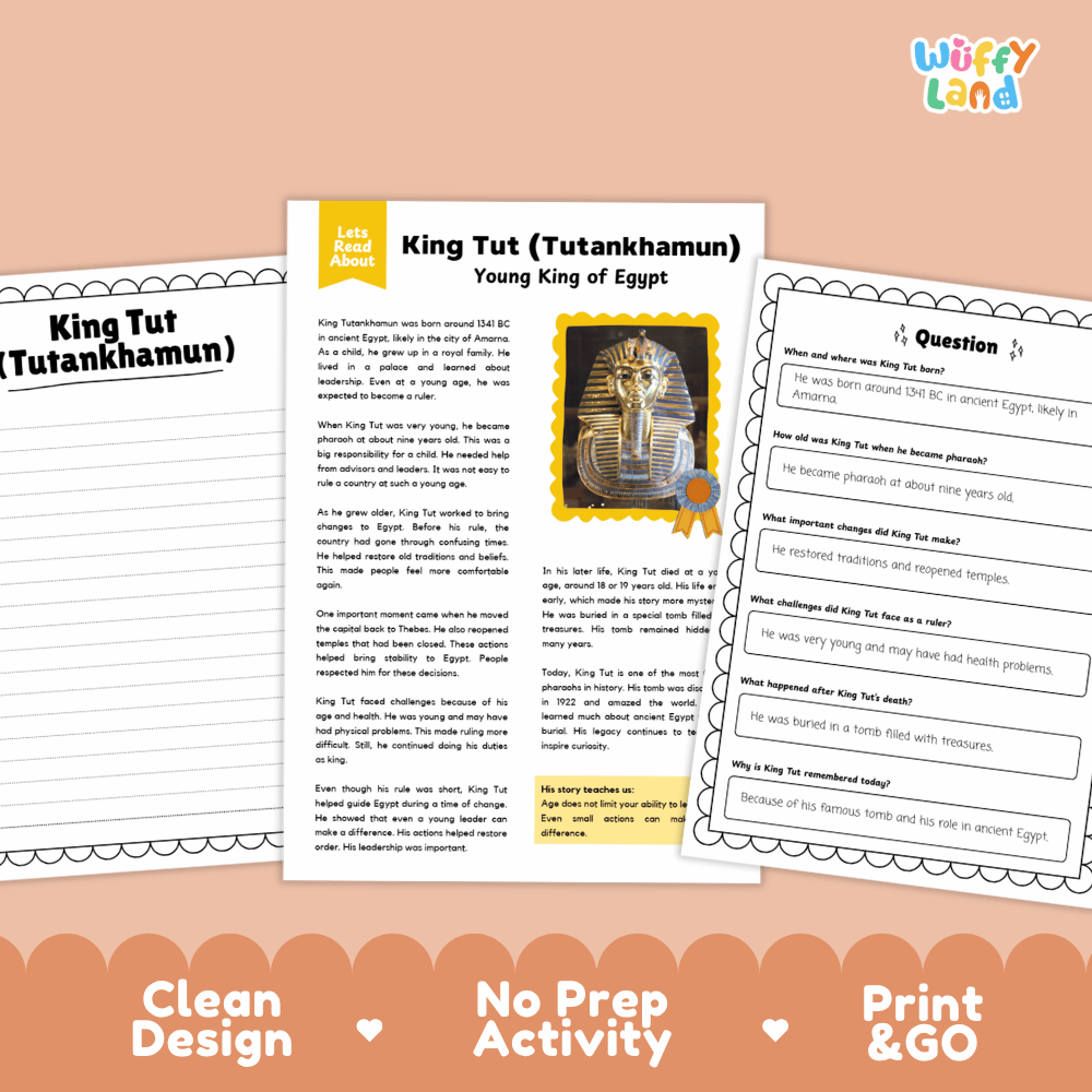 Educational biography passage titled King Tut Young King of Egypt with golden burial mask photo and life facts