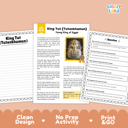 Educational biography passage titled King Tut Young King of Egypt with golden burial mask photo and life facts