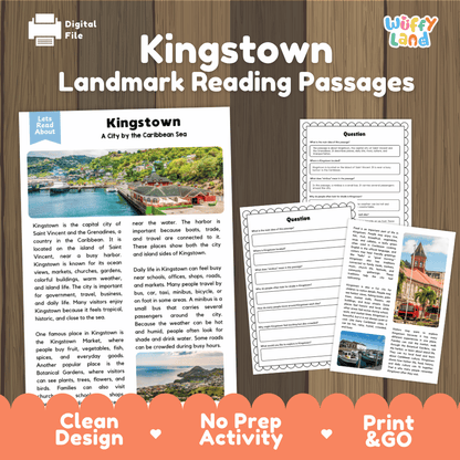 Kingstown landmark reading passage and comprehension worksheet educational unit featuring nonfiction text and authentic Saint Vincent Caribbean harbor photography
