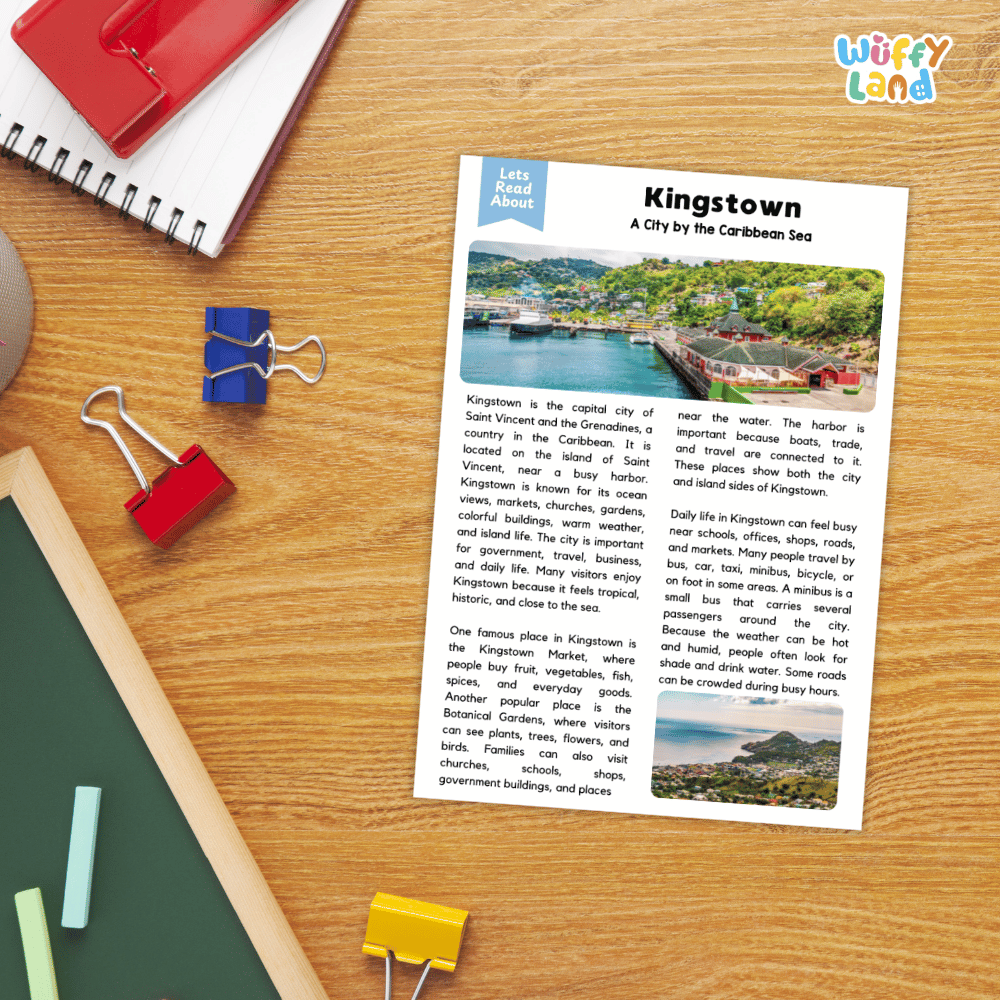 Lined reading comprehension question worksheet covering main ideas vocabulary terms and landmark facts about Kingstown Saint Vincent and the Grenadines