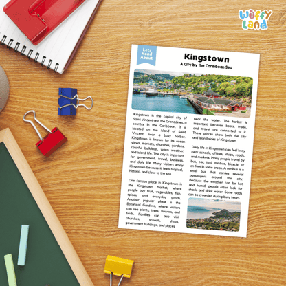 Lined reading comprehension question worksheet covering main ideas vocabulary terms and landmark facts about Kingstown Saint Vincent and the Grenadines