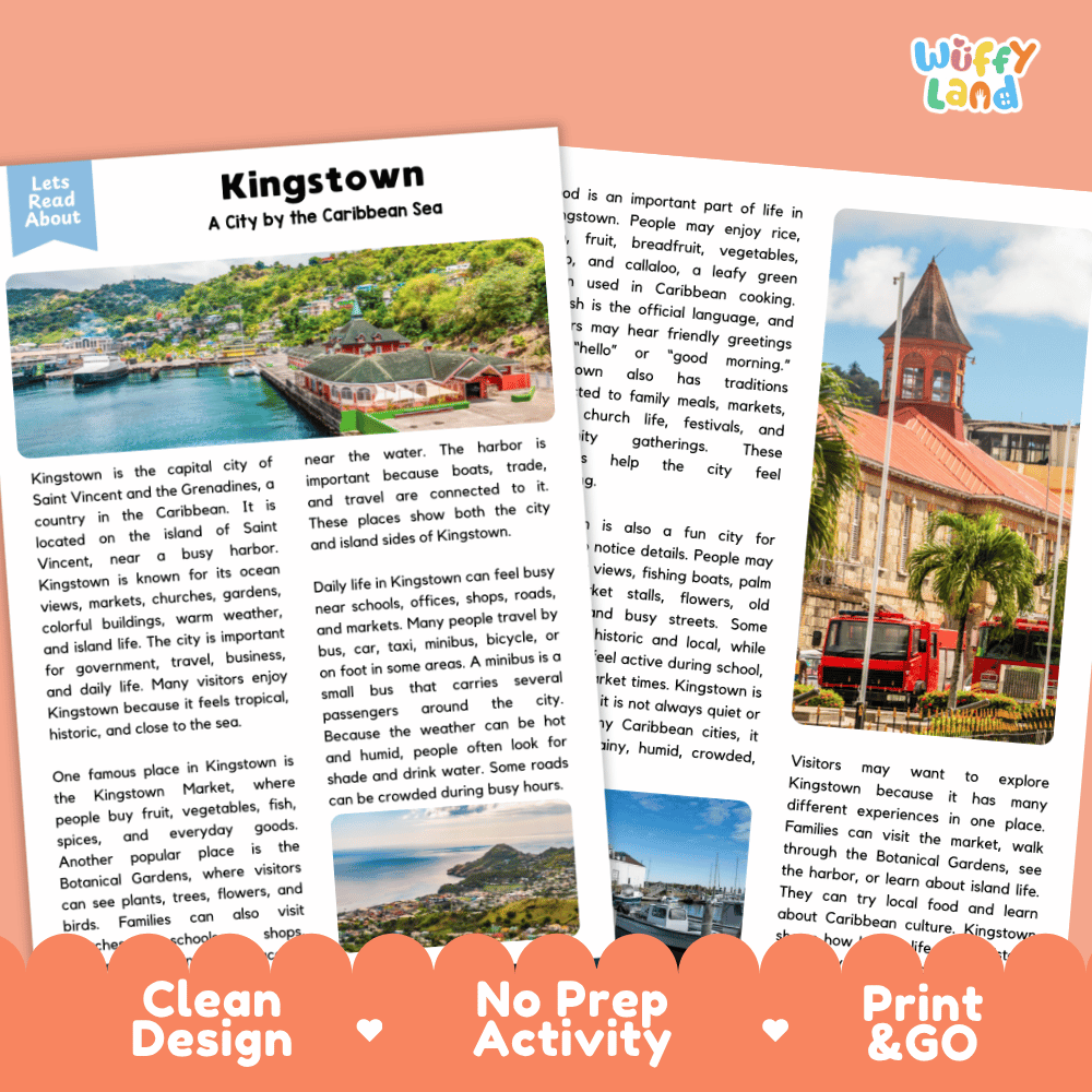 Reference sheet and answer key for Kingstown landmark reading passage displaying completed comprehension answers and Caribbean geography facts