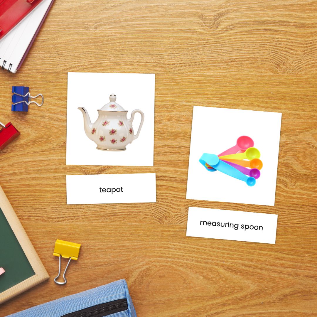 Printable kitchen object flashcards for preschool and kindergarten featuring common cooking tools and household vocabulary