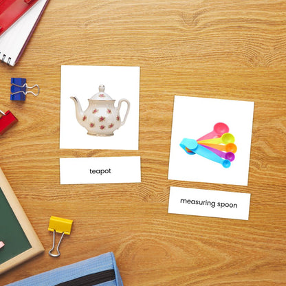Printable kitchen object flashcards for preschool and kindergarten featuring common cooking tools and household vocabulary