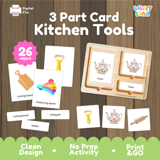 Kitchen tools 3 part cards Montessori printable featuring 26 utensils with realistic pictures, word labels and matching cards