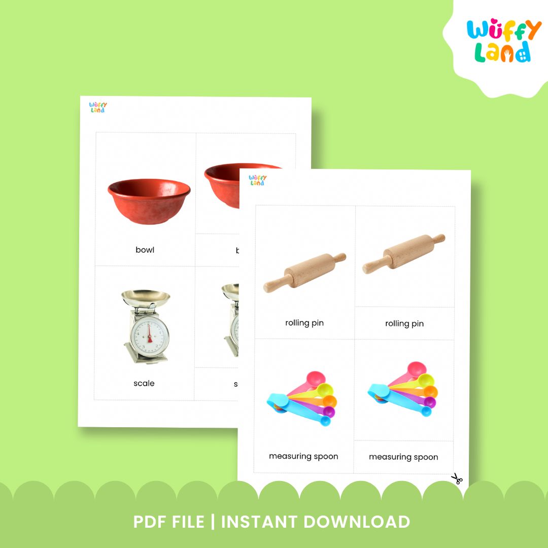 Kitchen tools matching cards for preschool with realistic object pictures and separate word labels for vocabulary practice