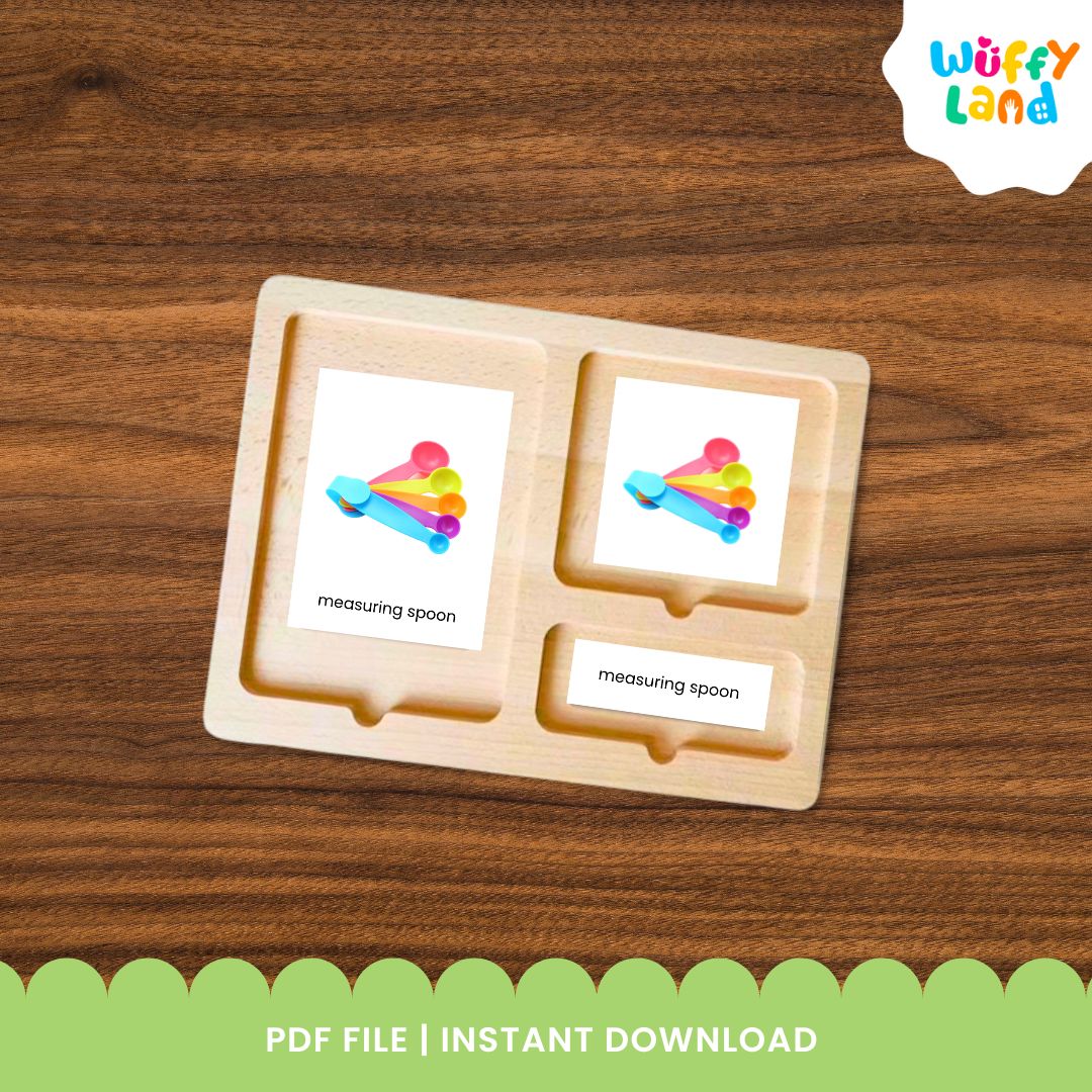 Printable kitchen utensils vocabulary cards featuring cutting board, measuring spoons, rolling pin, teapot and other kitchen tools
