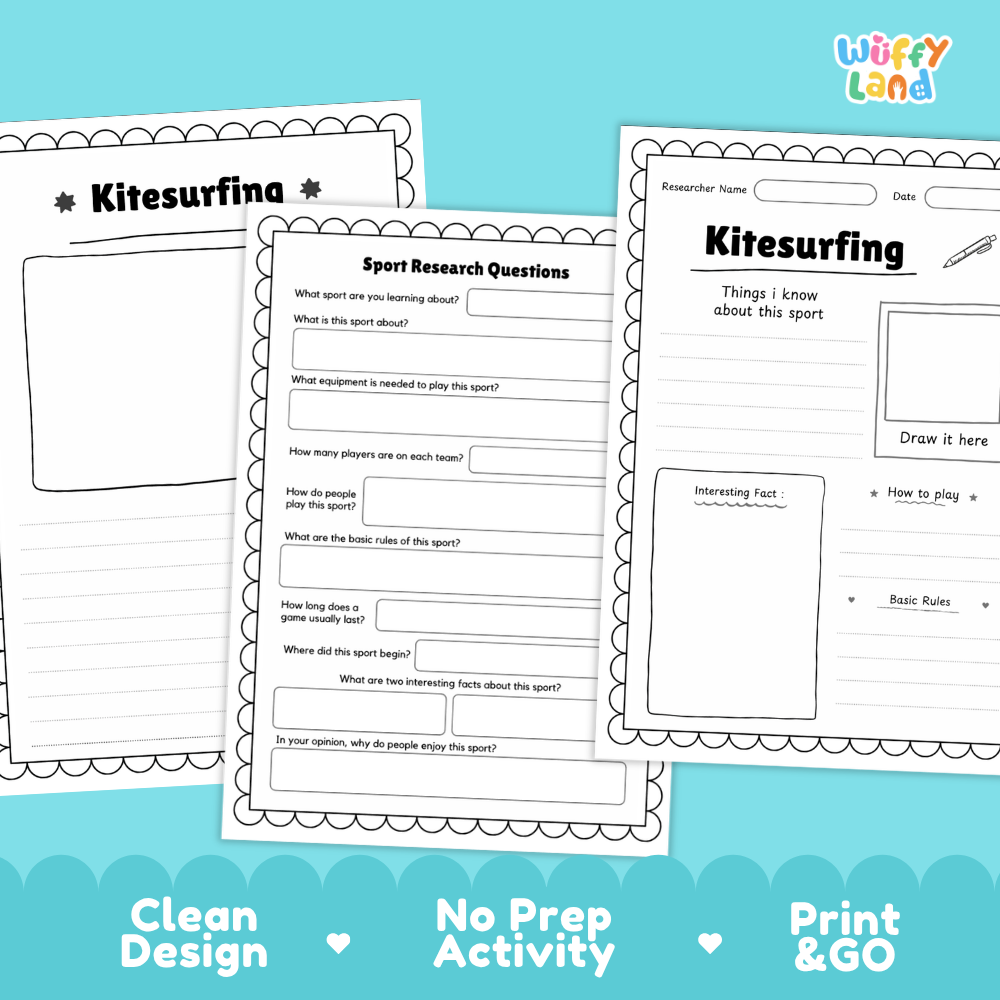 Kitesurfing Sport Research Project Worksheets and Fact Sheet Activity