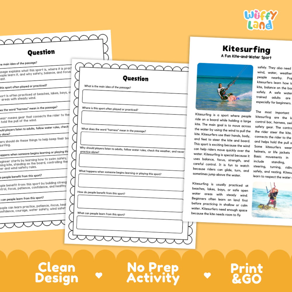 Kitesurfing Sports Reading Passages and Comprehension Questions Worksheets