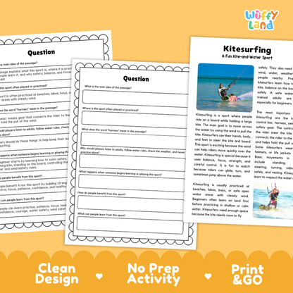 Kitesurfing Sports Reading Passages and Comprehension Questions Worksheets