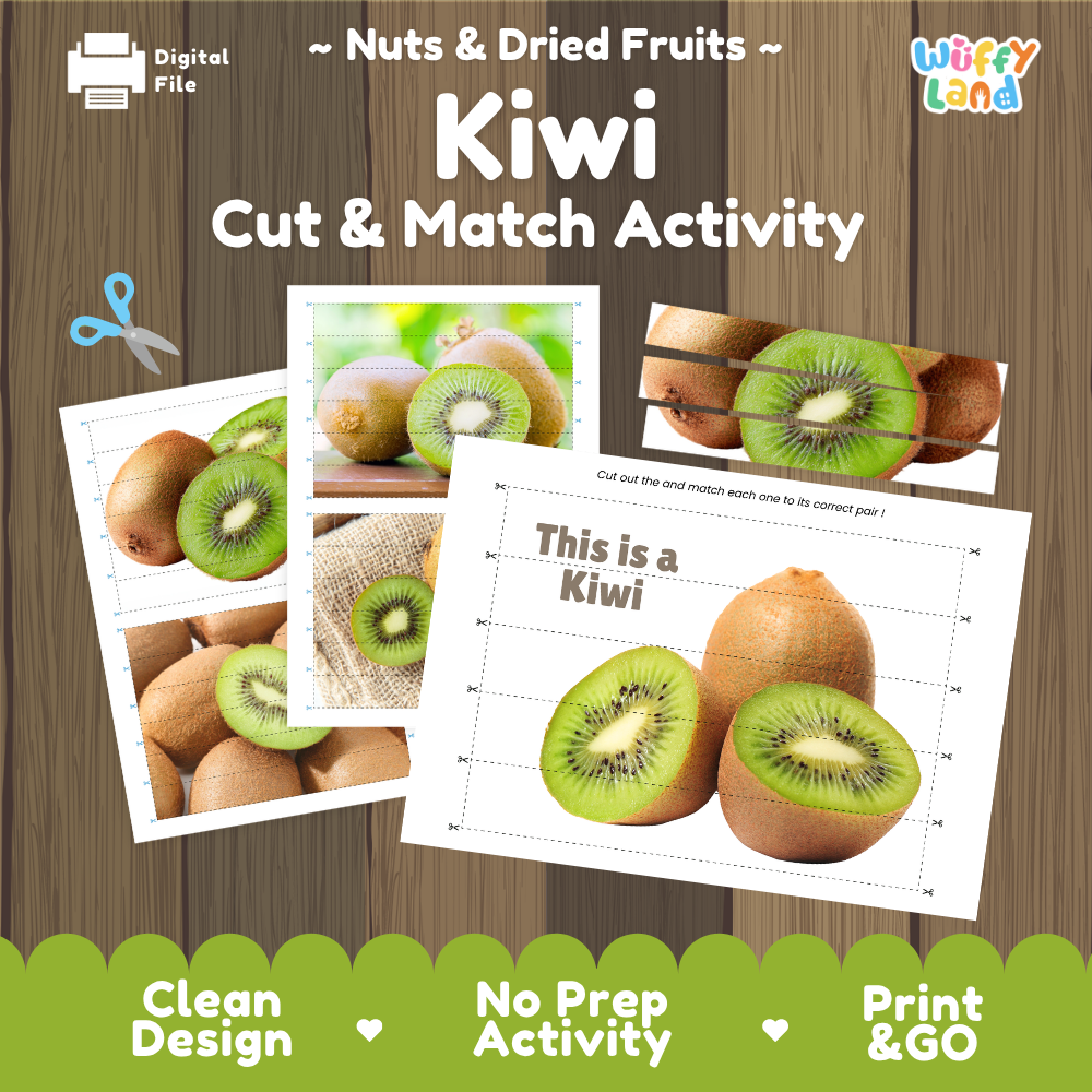Kiwi cut and match activity cover showing printable fine motor puzzle sheets and fruit photographs
