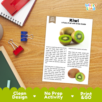 Student reading comprehension worksheet with short-answer questions and lined sections about the kiwi fruit