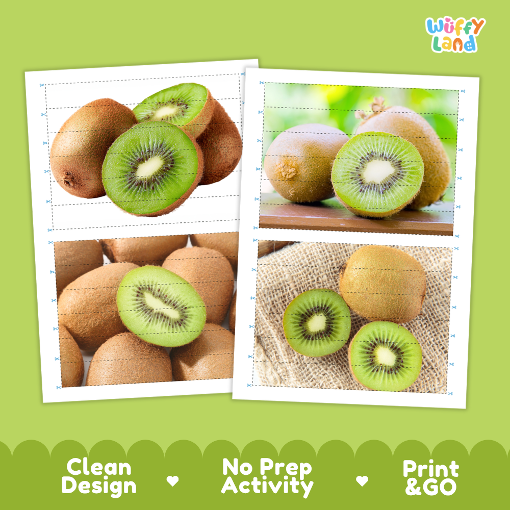 Printable activity sheets featuring photographic kiwi puzzle boards and cutting guides