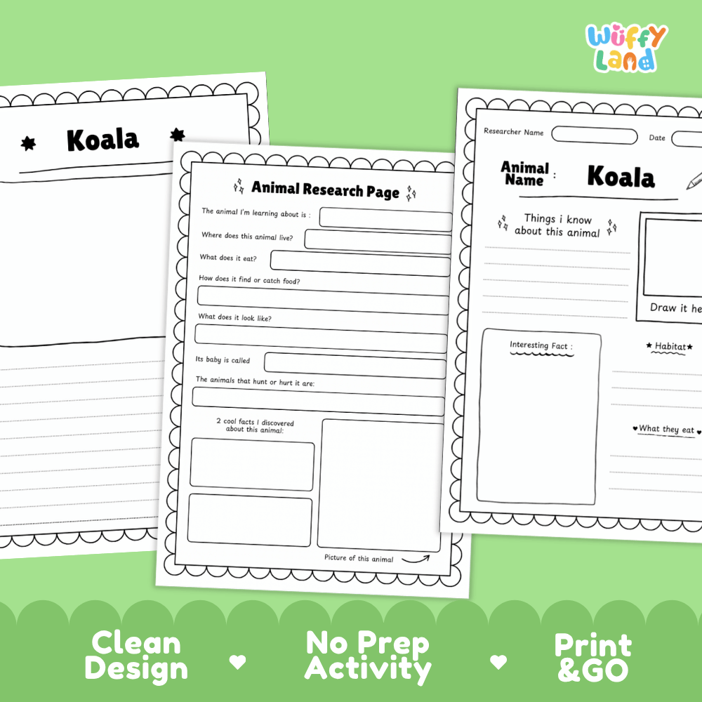 Three printable Koala animal research activity sheets from Wiffy Land, displayed on a light green background with promotional text at the bottom highlighting 'Clean Design', 'No Prep Activity', and 'Print & GO'.