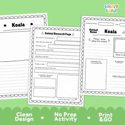 Three printable Koala animal research activity sheets from Wiffy Land, displayed on a light green background with promotional text at the bottom highlighting 'Clean Design', 'No Prep Activity', and 'Print & GO'.