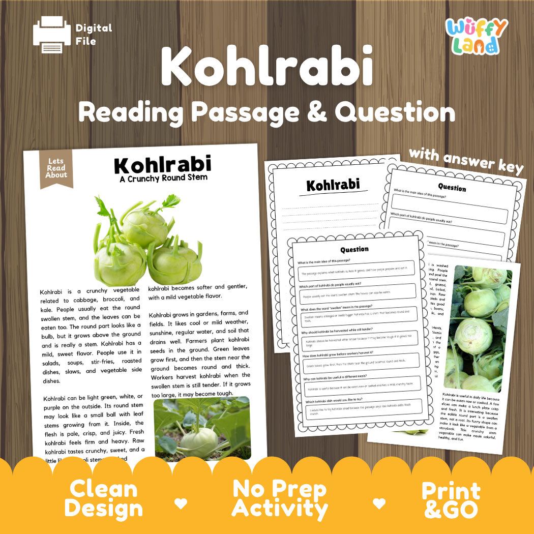 Kohlrabi reading comprehension passage and questions printable activity pack with answer key for elementary students