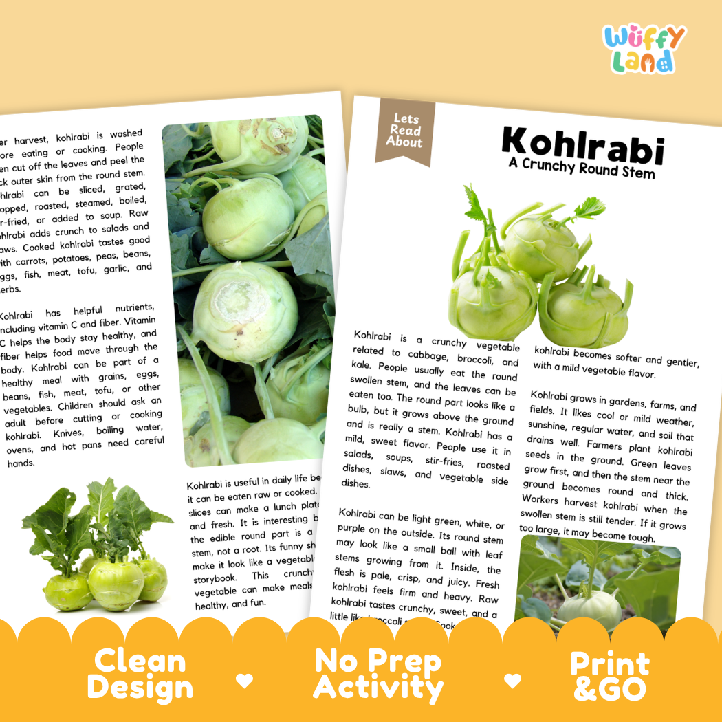 Teacher answer key page showing complete question solutions for kohlrabi reading comprehension practice
