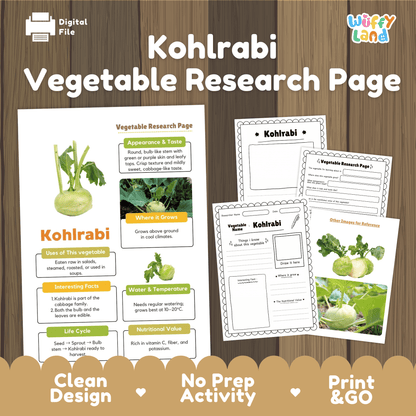 Student vegetable research page writing worksheets with real whole kohlrabi bulb photos, lined note-taking prompts, and drawing frames