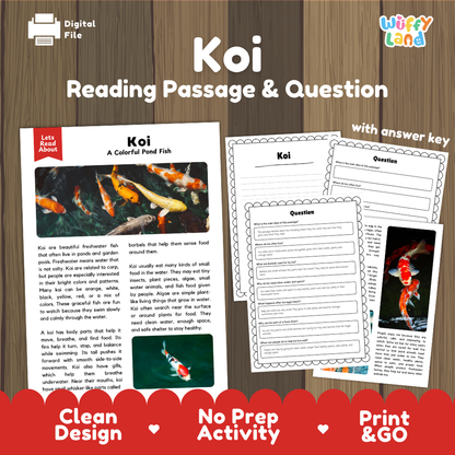 Koi Reading Passage and Comprehension Questions with Answer Key