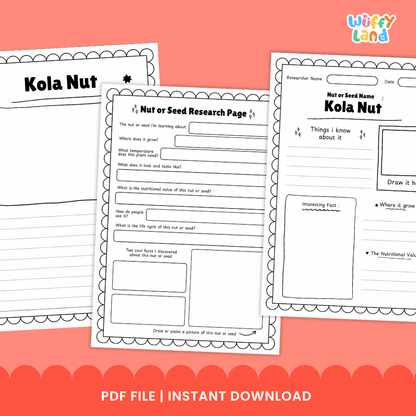 Kola Nut Nut and Seed Research Page Worksheets and Fact Sheet