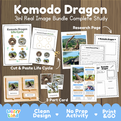 Komodo dragon 3-in-1 real image bundle complete study cover showing cut and paste life cycle, 3 part cards, and research pages