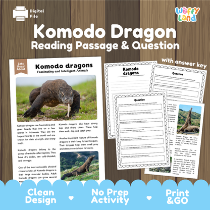 Digital product preview for a 'Komodo Dragon Reading Passage & Question' activity sheet by Wiffly Land, shown on a wood-grain background with promotional text and sample worksheet pages.