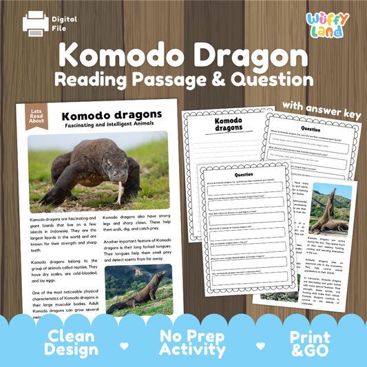 Digital product preview for a 'Komodo Dragon Reading Passage & Question' activity sheet by Wiffly Land, shown on a wood-grain background with promotional text and sample worksheet pages.