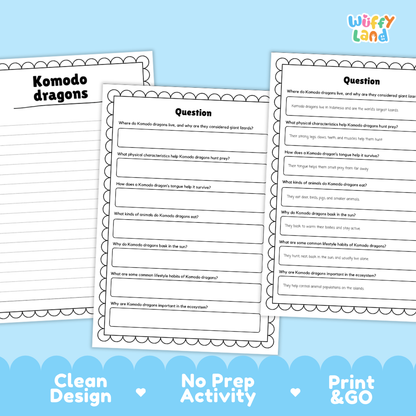 Three printable educational activity sheets for Komodo dragons displayed on a light blue background with decorative clouds and the text 'Clean Design', 'No Prep Activity', and 'Print & Go'. The sheets contain lined writing areas and printed questions about Komodo dragons.