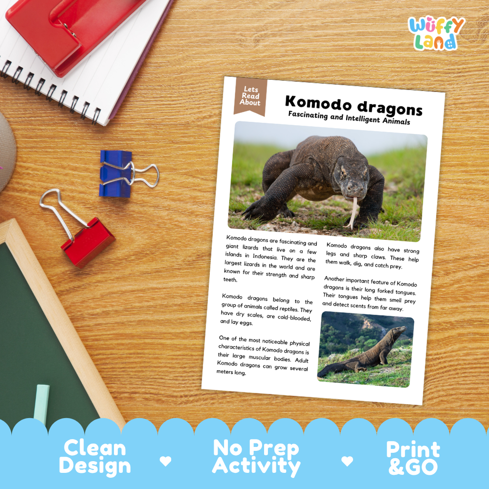 An educational activity sheet about komodo dragons laid on a wooden desk with school supplies around it. The sheet has text, two photos of a komodo dragon, and a header that says 'Lets Read About.