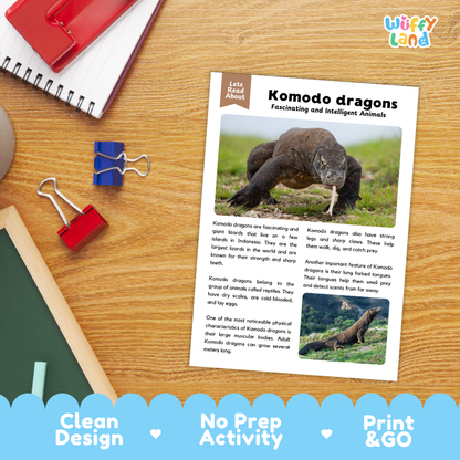 An educational activity sheet about komodo dragons laid on a wooden desk with school supplies around it. The sheet has text, two photos of a komodo dragon, and a header that says 'Lets Read About.