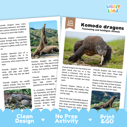A children's educational poster titled 'Komodo dragons: Fascinating and Intelligent Animals' from the brand 'Wiffly Land'. The poster features a large photograph of a live Komodo dragon on the right, accompanied by three smaller inset photos showing different angles of the dragon on the left.