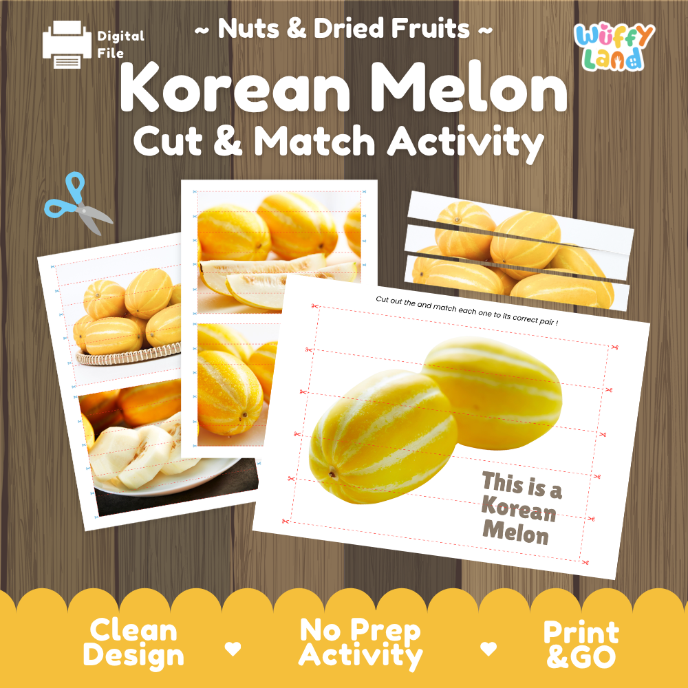 Korean melon cut and match activity cover showing printable fine motor puzzle sheets and melon photographs
