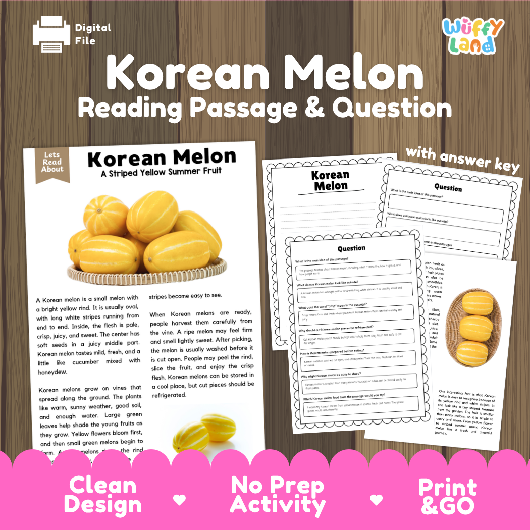 Korean Melon reading comprehension passage and questions printable activity pack with answer key for elementary students