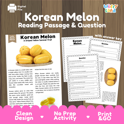 Korean Melon reading comprehension passage and questions printable activity pack with answer key for elementary students
