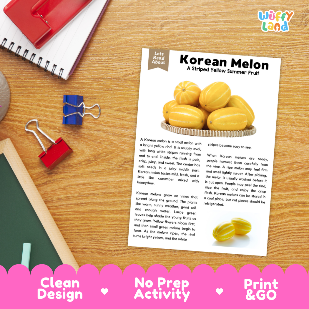 Student reading comprehension worksheet with short-answer questions and lined sections about the Korean melon fruit