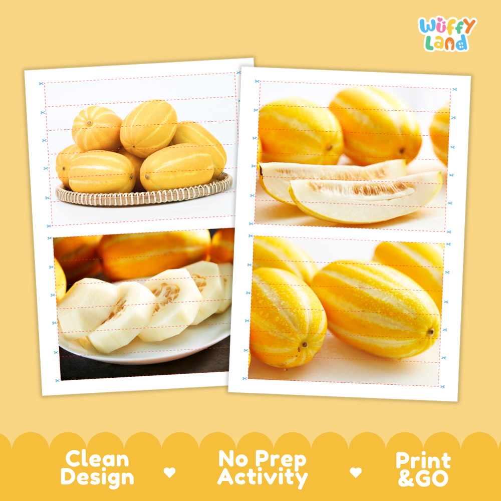 Printable activity sheets featuring photographic Korean melon puzzle boards and cutting guides