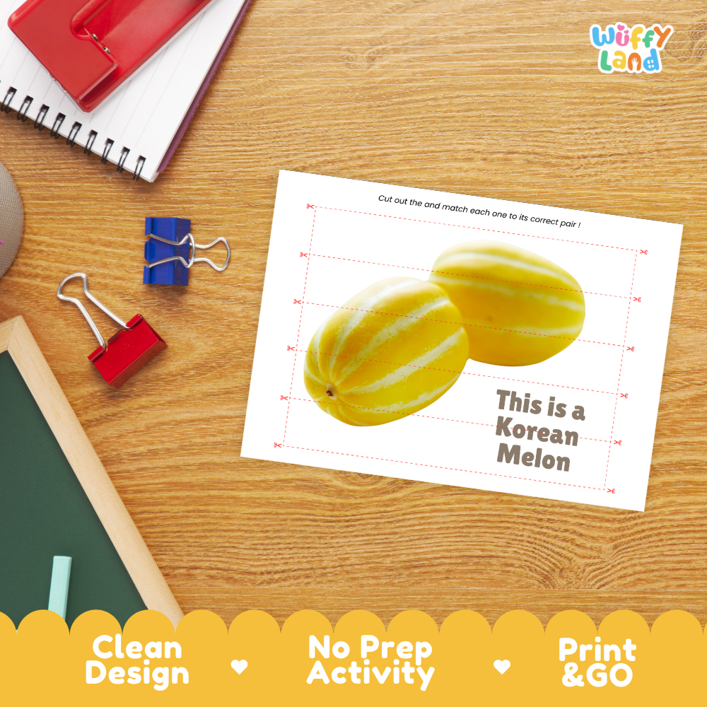 Close-up of puzzle worksheet showing Korean melon images and dotted scissor lines