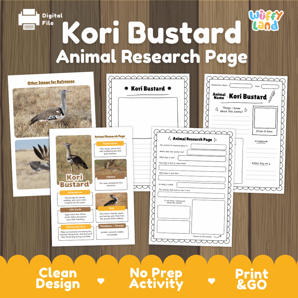 Digital preview of a Kori Bustard Animal Research Page activity sheet set by Wiffy Land, displayed on a wood-grain background with promotional text at the bottom.