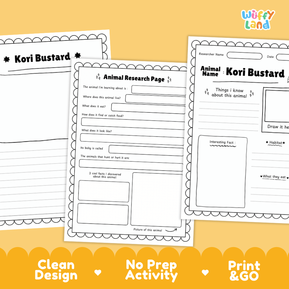 Three printable worksheet pages for an animal research activity titled 'Kori Bustard' are shown on a warm yellow background. The pages are white with black text and outline boxes, and the top right corner shows the 'Wiffly Land' brand logo.